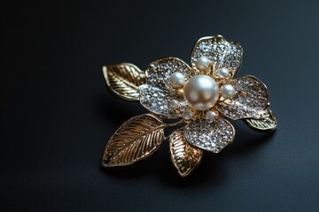 Naklejka premium A decorative gold brooch featuring a pearl and leaves, suitable for fashion or jewelry photography