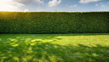 back yard close up of hedge fence on the grass with copy space