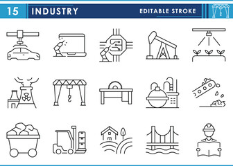 A set of line icons related to Industry. Manufacture, oil, industry, automobile, port, conveyor, lumber, and so on. Vector editable stroke.