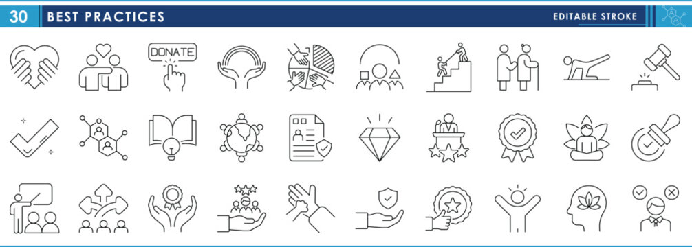 A set of line icons related to Best Practices. Law, policy, help, motivate, respect, community, coaching, meditation, award, and so on. Vector editable stroke.