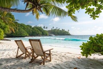 Relaxing Beach Chairs Under Palm Trees by the Ocean Shore Generative AI