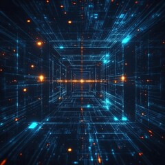 Obraz premium Abstract Blue Tunnel, Geometric Lines, Tech Backdrop, Glowing Light Streaks, Dark Design