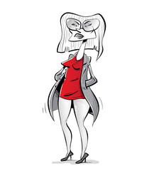 Middle age blonde lady in skirt and trench coat on the street