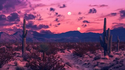 A Surreal Desert Landscape at Dusk Featuring Cacti and Two Moons Under a Pink Sky
