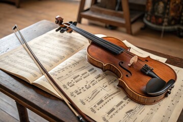 Fototapeta premium Violin Resting on Musical Sheet in a Cozy Room Generative AI