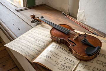 Naklejka premium Violin Resting on Sheet Music in a Cozy Interior Setting Generative AI