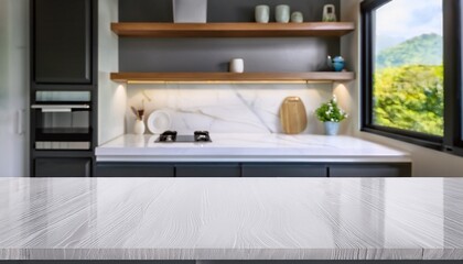 empty white marble counter top table modern kitchen for display over bright luxury room background generative ai technology
