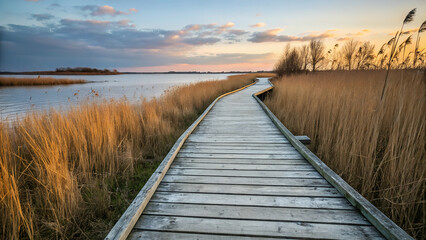 Fototapeta premium sunset at walk board 