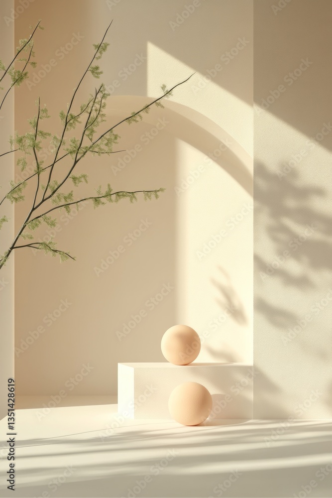 Poster soft natural light casts gentle shadows on warm-toned spheres, surrounded by a minimalist architectu