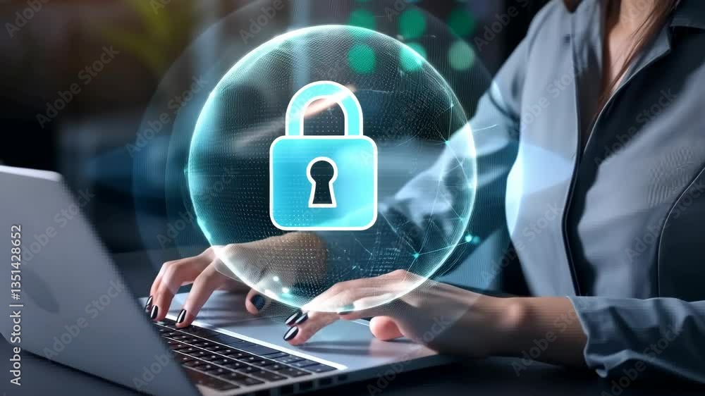 Aufkleber a dedicated businesswoman works on her laptop, emphasizing innovative cybersecurity with a digital l