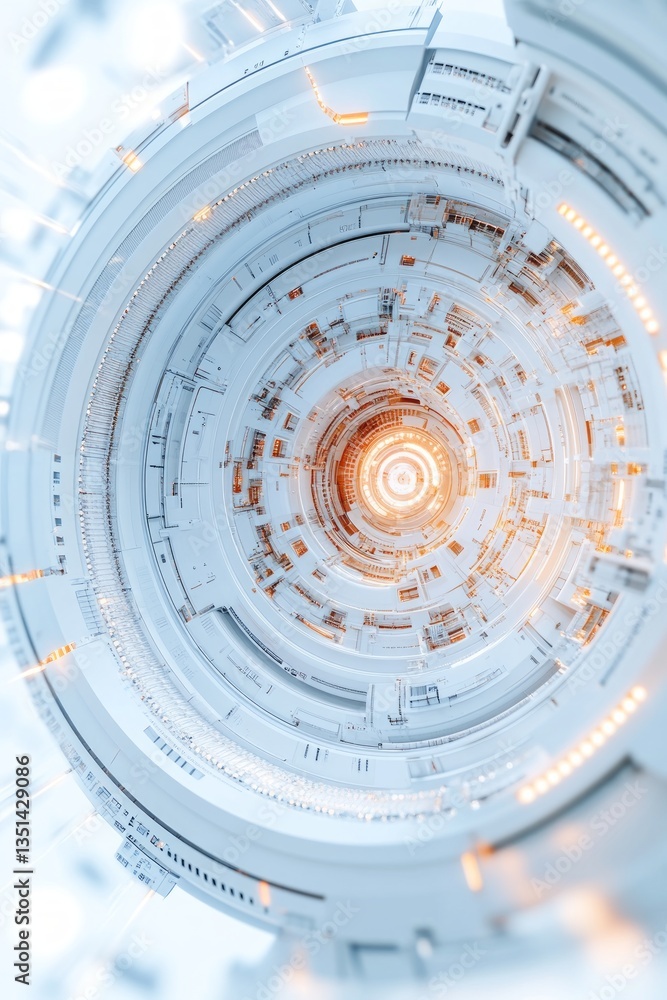 Poster a captivating view of a circular structure filled with complex technology, illuminated details, pres