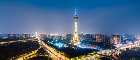 Night view of Zhongyuanfu Tower and high angle view skyline in Zhengzhou, Henan, China