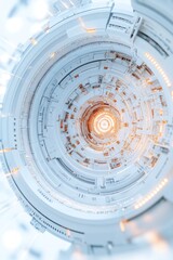 Obraz premium A captivating view of a circular structure filled with complex technology, illuminated details, presenting a futuristic atmosphere and intriguing design elements