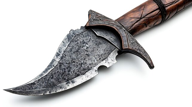 Close-up of a handcrafted African spear featuring a detailed wooden handle and a unique metal blade, on a white background. Full ultra HD,