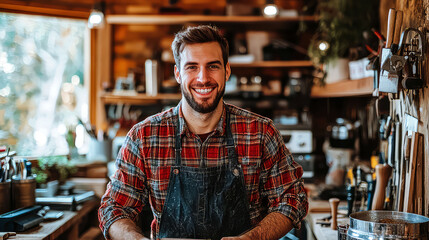 Obraz premium Smiling Craftsman in his Woodworking Workshop: Passion, Skill, and Craft
