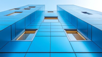 Sleek blue building illuminated by sunlight showcases contemporary design and striking windows in an urban setting