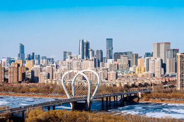 Fototapeta premium High angle view of Sanhao Bridge and city skyline in Shenyang, Liaoning Province, China