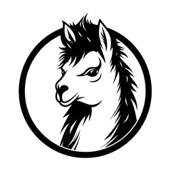 A simple yet detailed silhouette of a llama's head, highlighting its distinctive ears, snout, and woolly texture. Ideal for farm animal designs, South American wildlife illustrations, logo designs