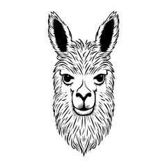 A simple yet detailed silhouette of a llama's head, highlighting its distinctive ears, snout, and woolly texture. Ideal for farm animal designs, South American wildlife illustrations, logo designs