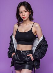 Modern woman with medium silk-textured short black hair, a chic crop top, layered jacket, and a short skirt, striking a captivating, charming pose against a purple studio backdrop
