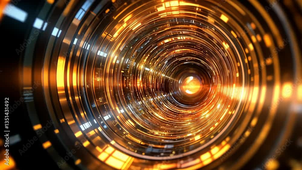Poster abstract design featuring concentric circular patterns illuminated in golden and orange tones with a