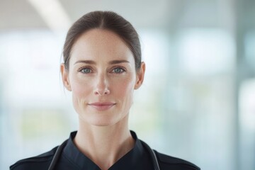 close-up portrait of nurse in uniform focusing on serene and dedicated expression ample copy space above nurse head