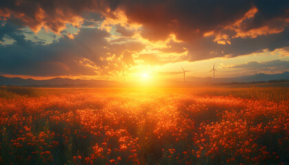 Naklejka premium Sunset over a vibrant red field