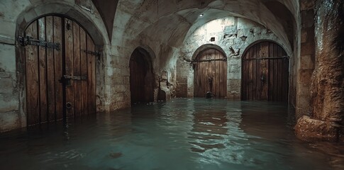 Flooded Ancient Stone Cellar with Wooden Doors and Dark Water