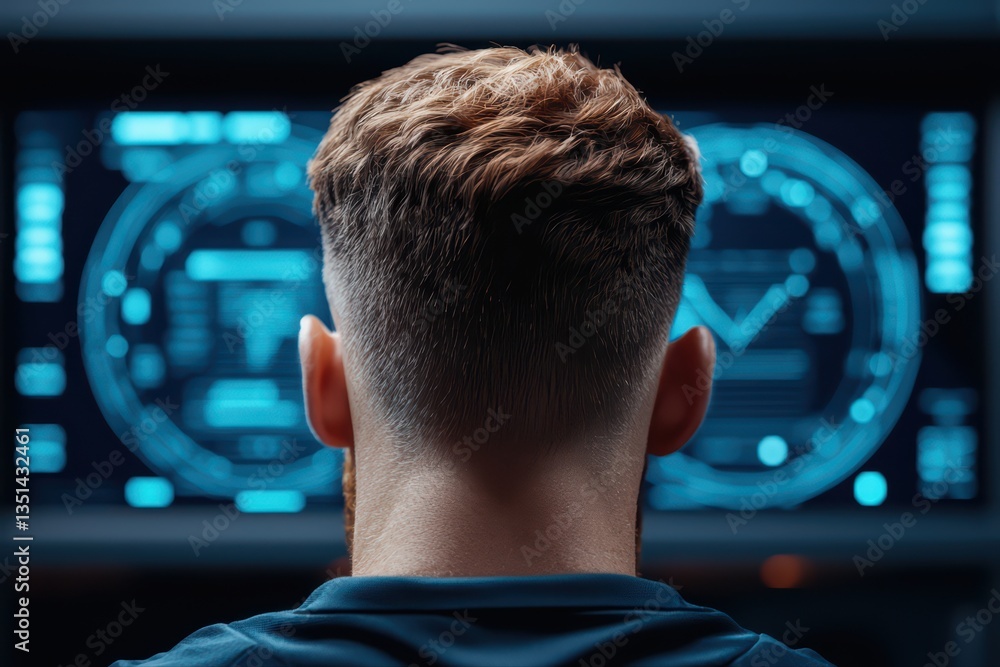 Poster focused individual analyzing data on computer screen