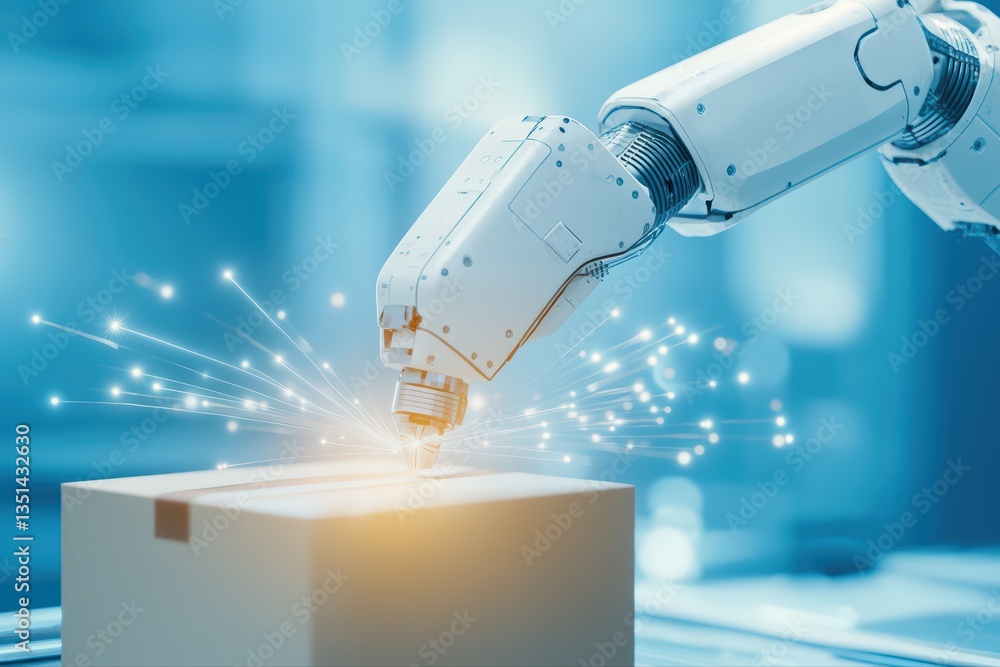 Poster robotic arm with sparkles handling a cardboard box