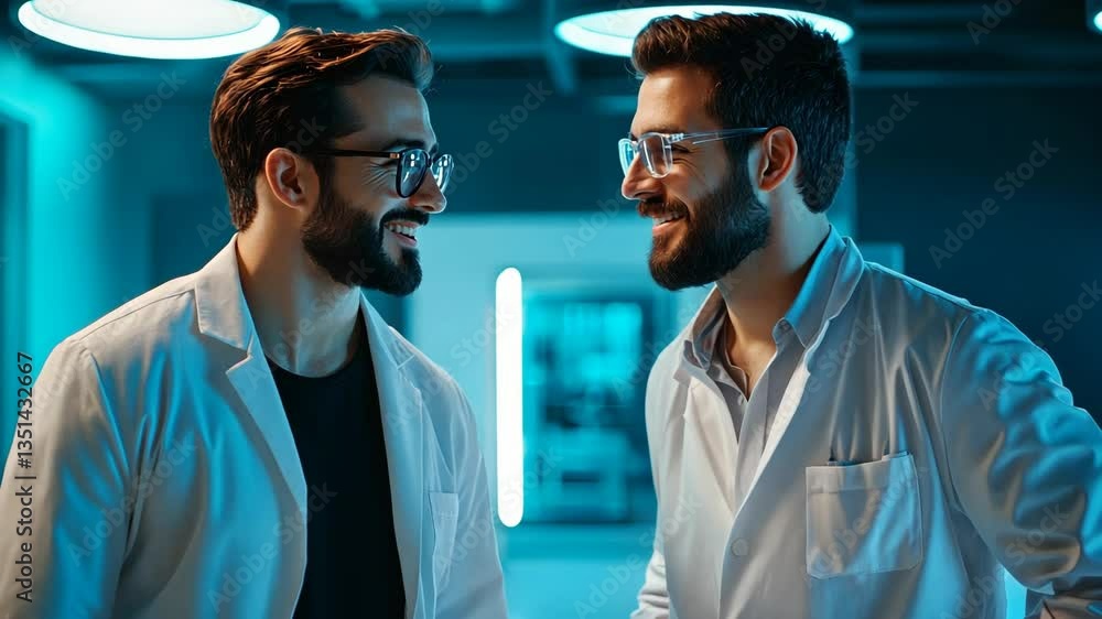 Poster two scientists share a smile while collaborating in a modern laboratory setting during early evening