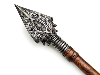 Close-up of a traditional African spear with a carved wooden shaft and a metal head featuring intricate designs, isolated on white. Full ultra HD,
