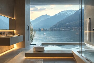 Fototapeta premium Luxurious bathroom with breathtaking views of a serene lake, surrounded by mountains, showcasing elegant design elements and a calming atmosphere for relaxation.