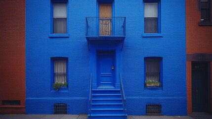 Naklejka premium A bright blue building stands out in the neighborhood, showcasing a welcoming entrance and elegant balcony
