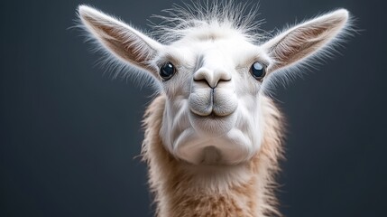 Obraz premium White llama with brown spots is staring at the camera. The image has a playful and lighthearted mood, as the llama appears to be posing for the camera