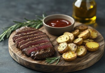 Delicious steak and potatoes are served on wooden board