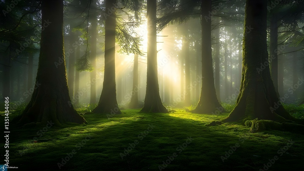 Aufkleber a serene forest scene with tall trees illuminated by rays of sunlight filtering through mist, creati
