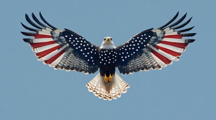 Patriotic Eagle Flying High with Wings Designed as an American Flag Against a Clear Sky