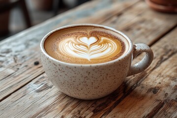Cup of hot cappuccino with latte art on a wooden table