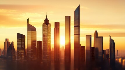 Fototapeta premium Sunset Over Modern City Skyline with Tall Buildings