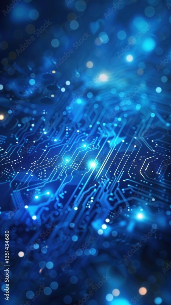 Poster close-up circuit board with glowing components, abstract background