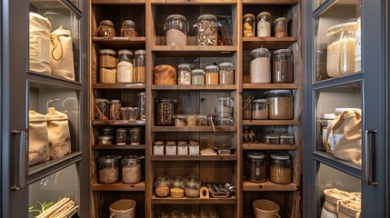 •  Sliding doors reveal a neatly organized pantry, jars filled with pantry staples. Stockings hold small kitchen gadgets and tools.