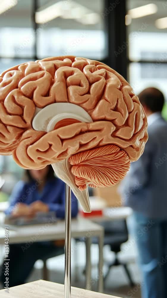 Poster intriguing brain model displayed in educational setting with students engaged in learning activities