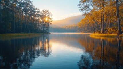 Fototapeta premium Sunrise over tranquil lake in forest (1)