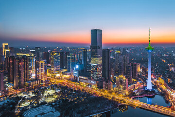 Obraz premium Aerial Night View of Skyline of TV Tower and Youth Park City in Shenyang, Liaoning Provine, China