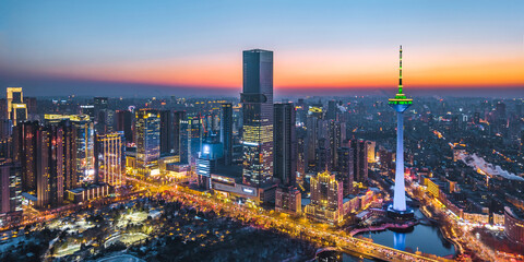 Fototapeta premium Aerial Night View of Skyline of TV Tower and Youth Park City in Shenyang, Liaoning Provine, China