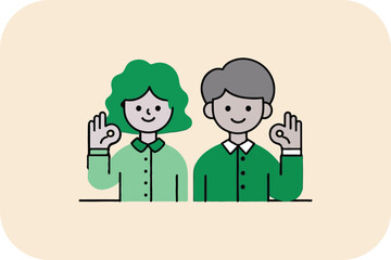 Two Cartoon People Showing OK Gesture in Green Shirts, Expressing Positive and Friendly Vibes
