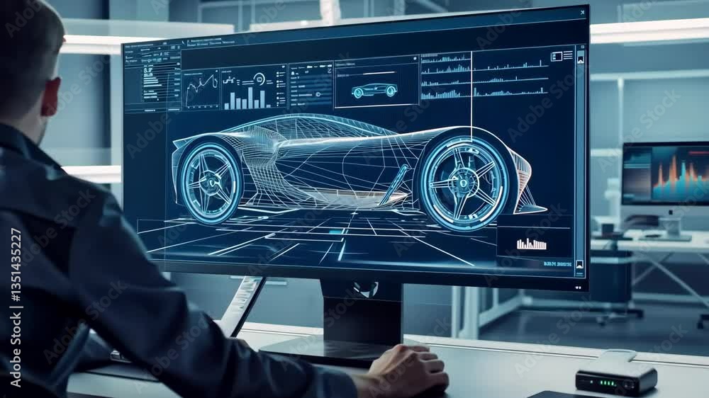 Poster a designer uses advanced software to visualize and analyze a cutting-edge car concept, showcasing th