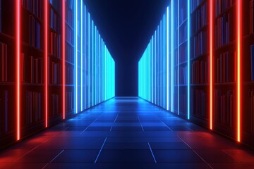 Futuristic Library Corridor with Neon Lights