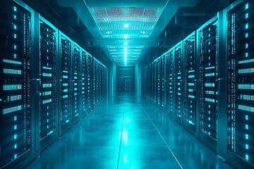 A long perspective image showing a data center interior corridor